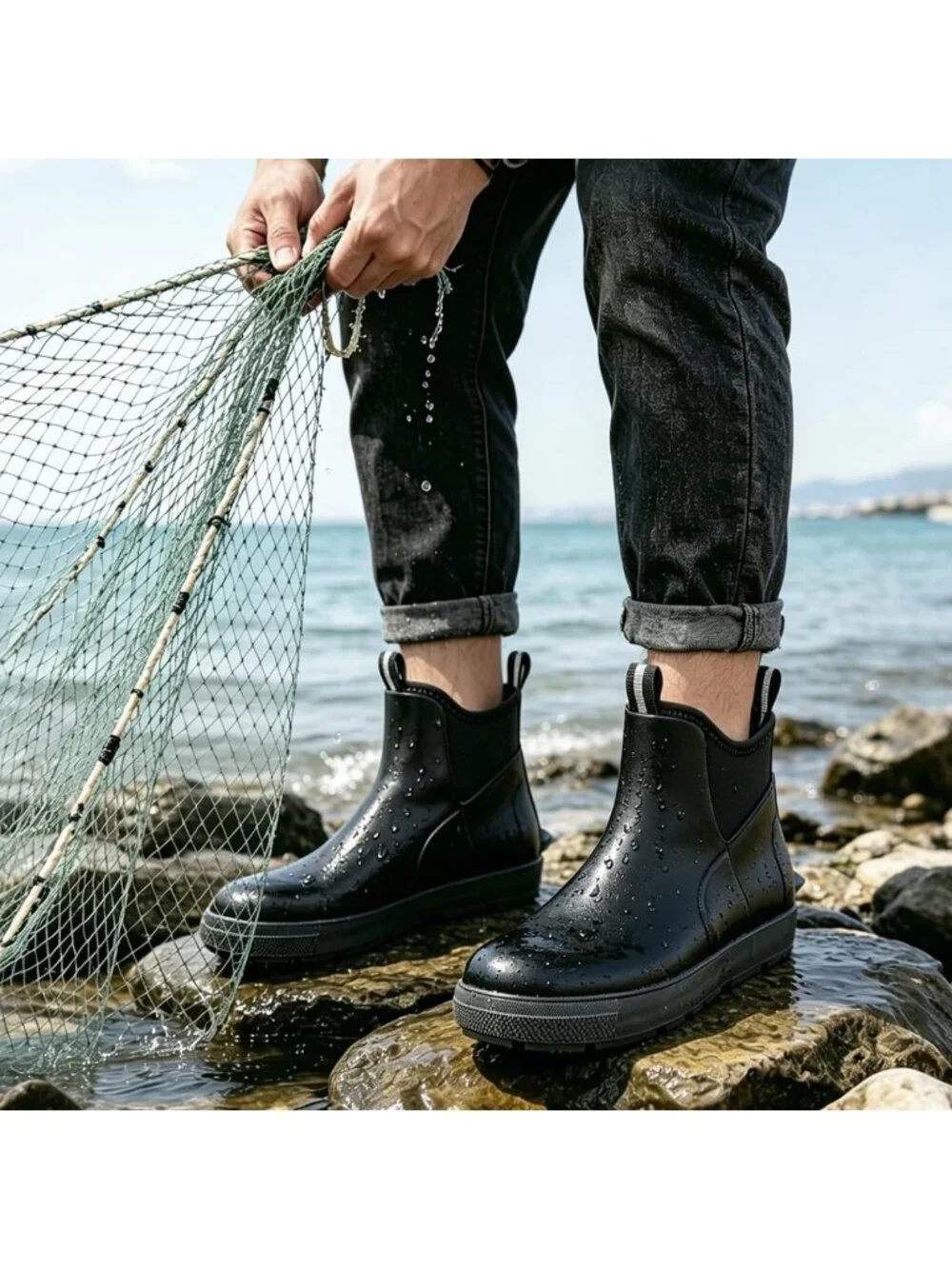 Waterproof Ankle Deck Boots for Men | Rubber Fishing Rain Boots, Slip-Resistant